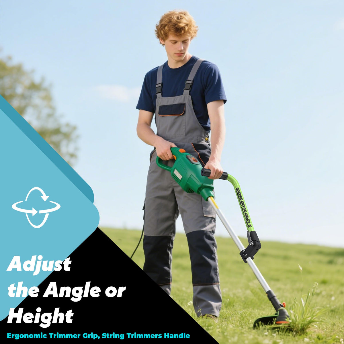 SCNKKL weed eater handle mowing action shows improved angle and precision.