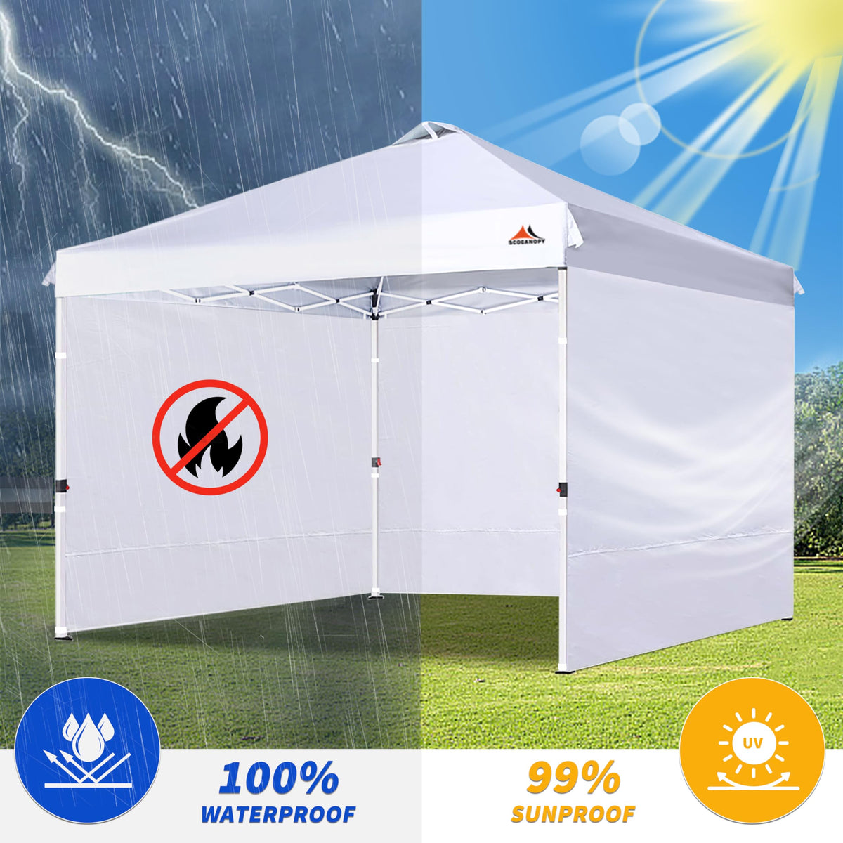 SCOCANOPY sidewalls use zipper and straps to seal wind and rain.