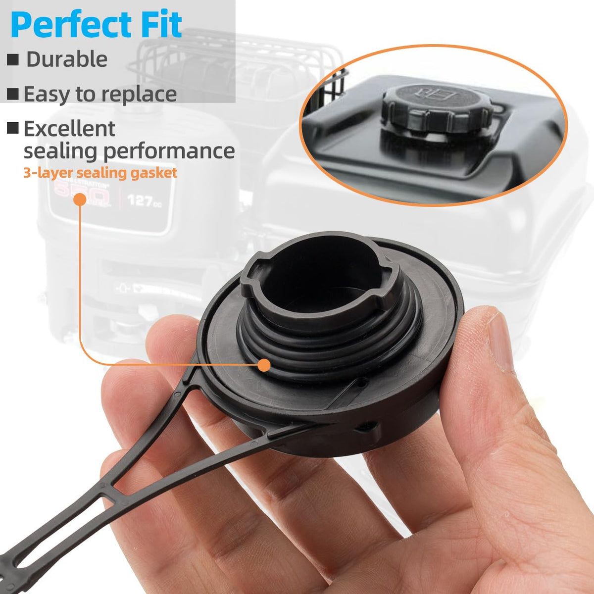 Sconva gas cap installation diagram illustrating quick, tool-free replacement.