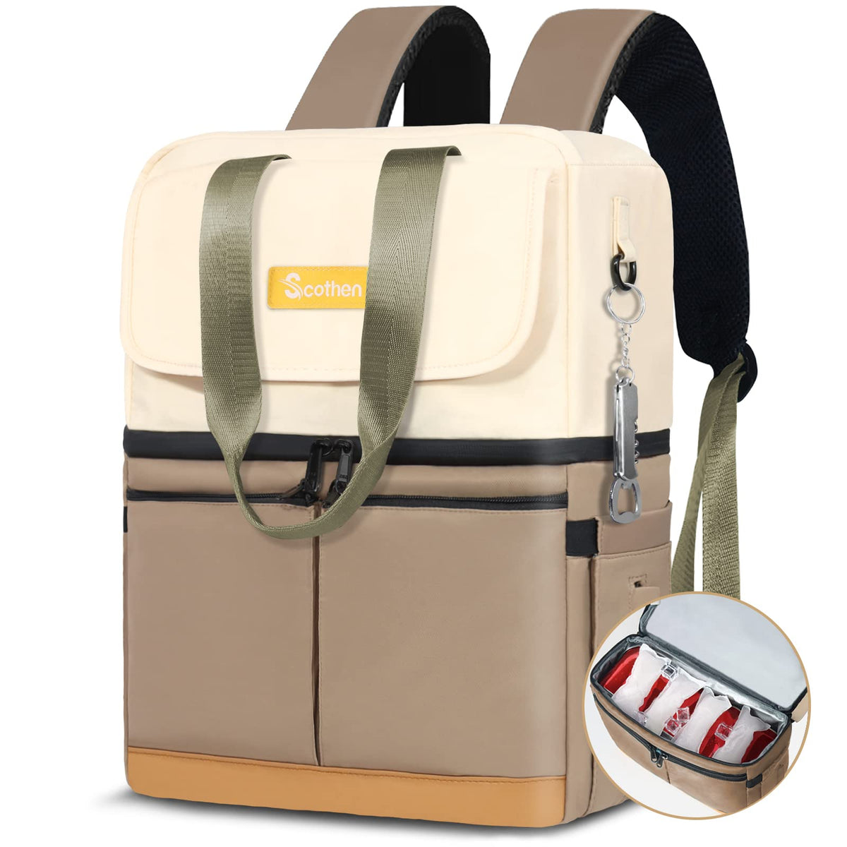 Scothen backpack cooler with double-decker design showing organized cold and warm zones.