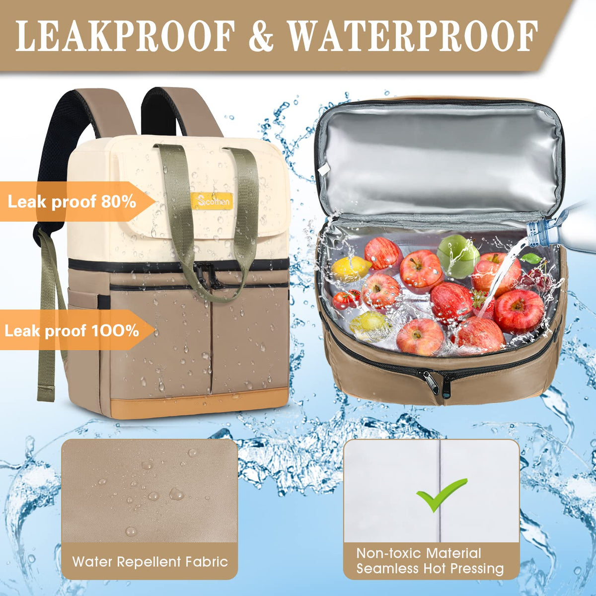 Scothen cooler highlights leakproof zippers and waterproof outer layer.