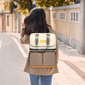 Luggage sleeve on Scothen cooler enables easy slide over travel handles.