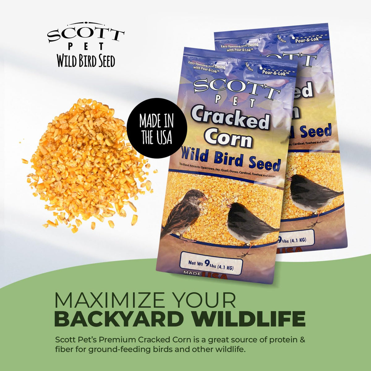 Scott Pet cracked corn complements seed blends for flexible backyard feeding