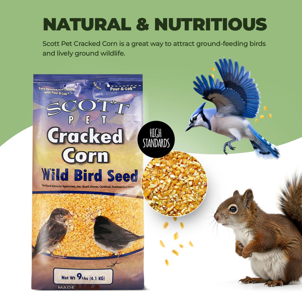 Scott Pet cracked corn spread on ground invites ground-feeding wildlife