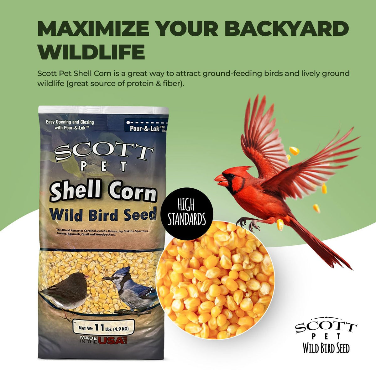 Scott Pet shelled corn with seed mix attracts ground-feeding birds in yards.