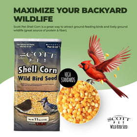 Scott Pet shelled corn with seed mix attracts ground-feeding birds in yards.