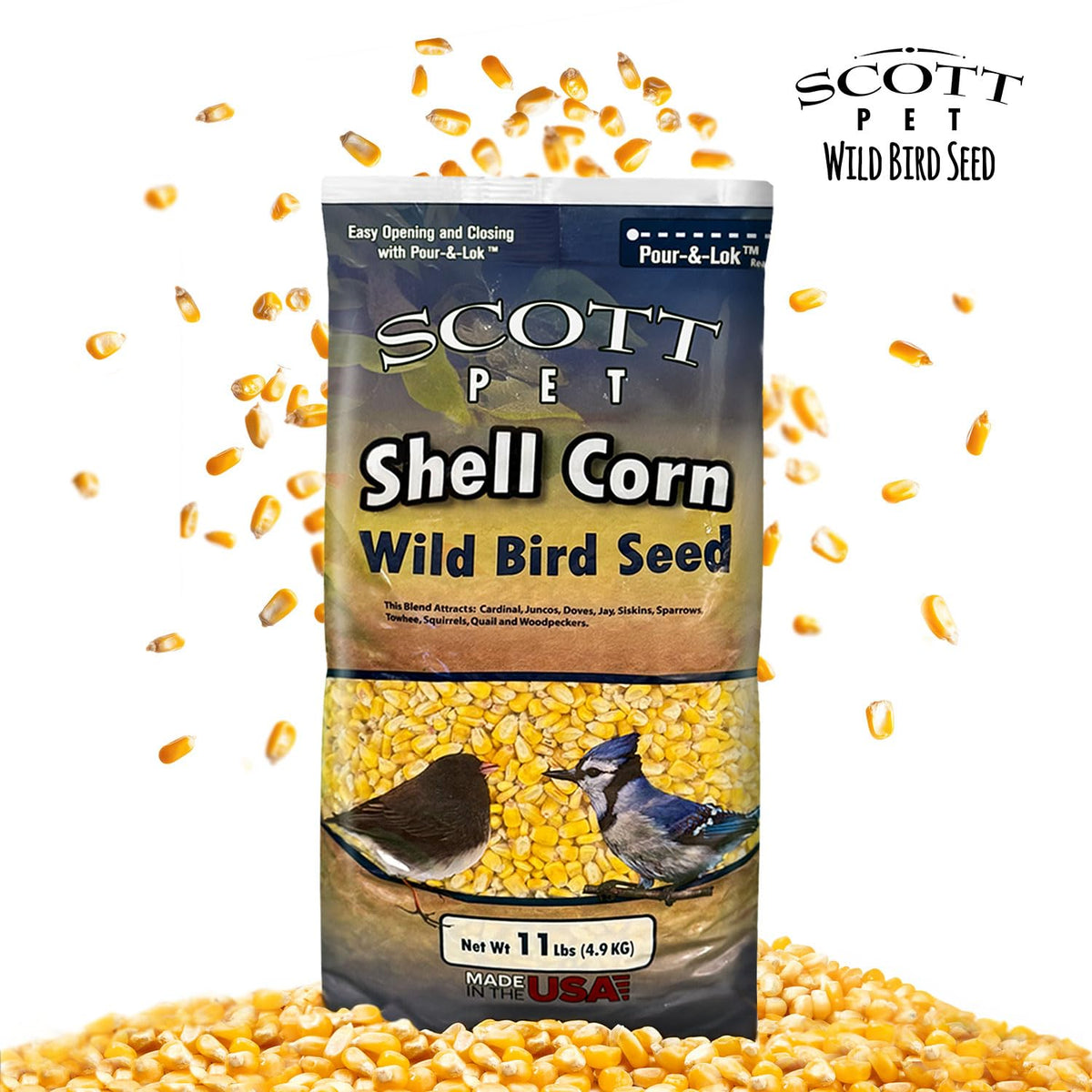 Scott Pet shelled corn can be fed alone or with seeds in yards.