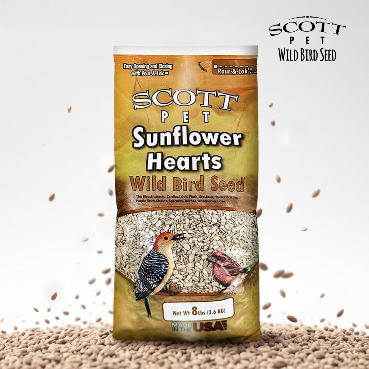 Variety of backyard birds attracted to Scott Pet seed at the feeder.