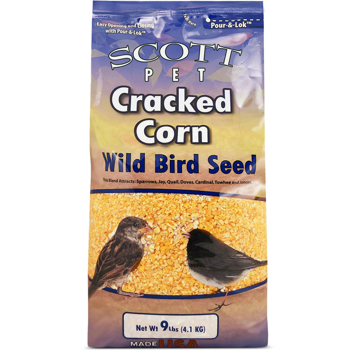 Scott Pet wild bird seed cracked corn 9-lb bag attracting backyard birds