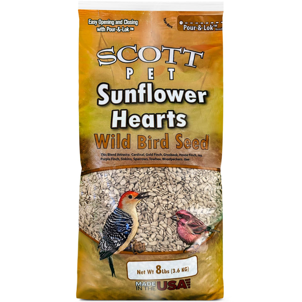 Scott Pet Sunflower Hearts 8 lbs bag at the feeder, easy energy for backyard birds.