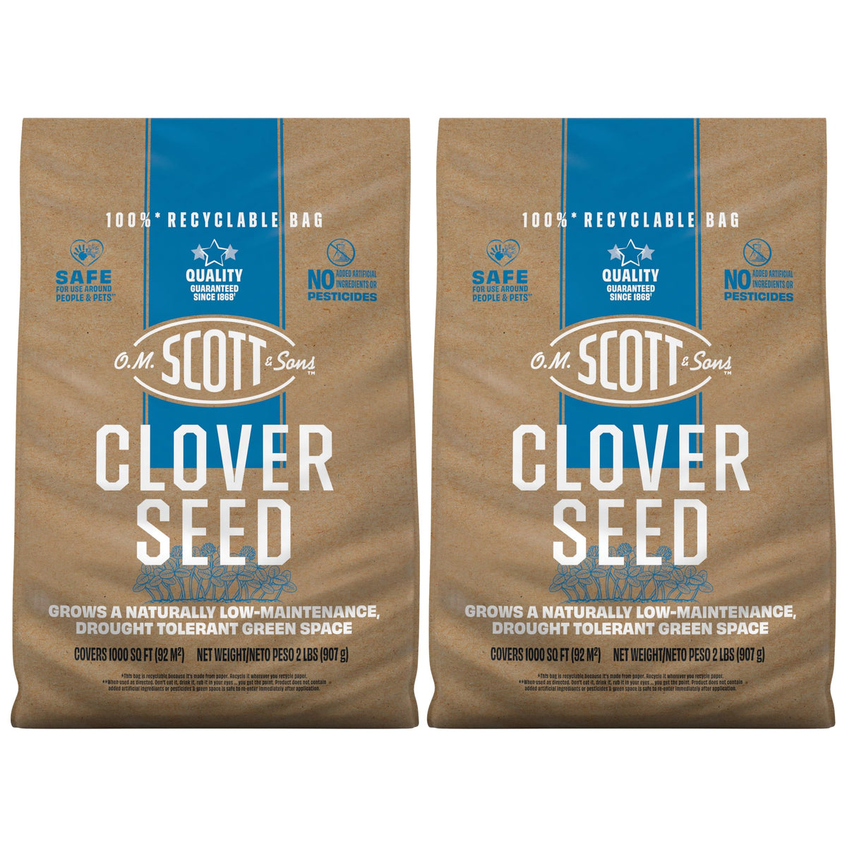 Scotts Clover Seed bag 2 lb ready to spread for a low-maintenance lawn.