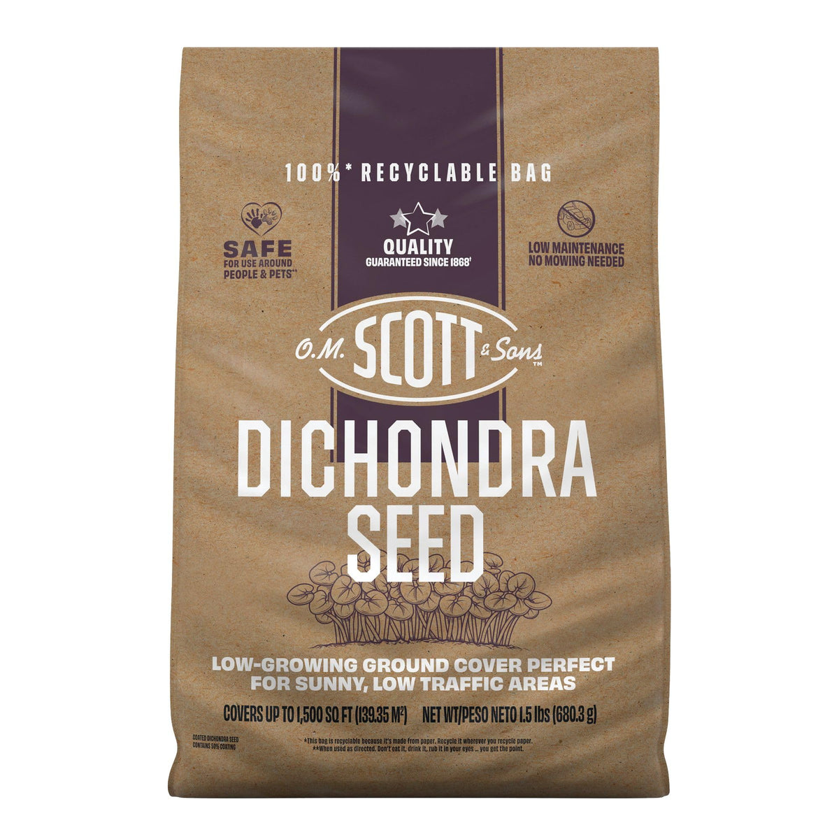 Scotts Dichondra Seed bag shown for easy spread and a low-maintenance lawn.