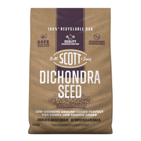 Scotts Dichondra Seed bag shown for easy spread and a low-maintenance lawn.