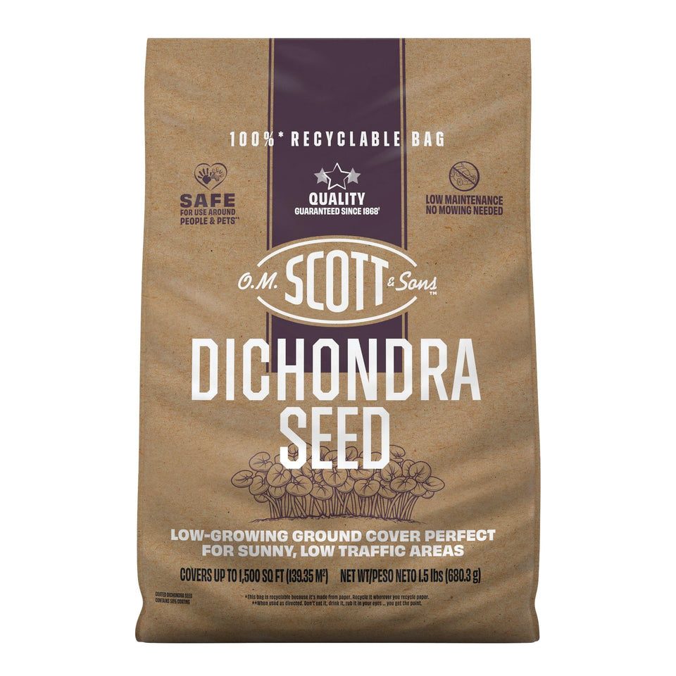 Scotts Dichondra Seed bag shown for easy spread and a low-maintenance lawn.
