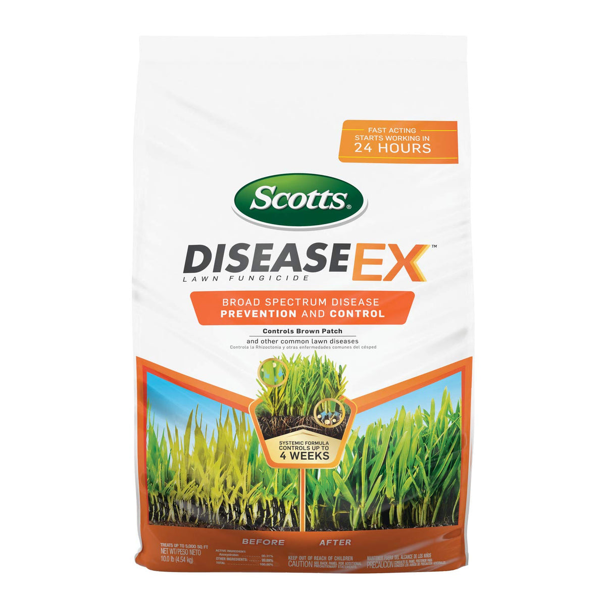 Scotts DiseaseEx lawn fungicide bottle ready for quick disease prevention on a lush lawn