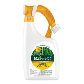 Scotts EZ Feed Plus Weed Control attached to a hose for easy lawn application.