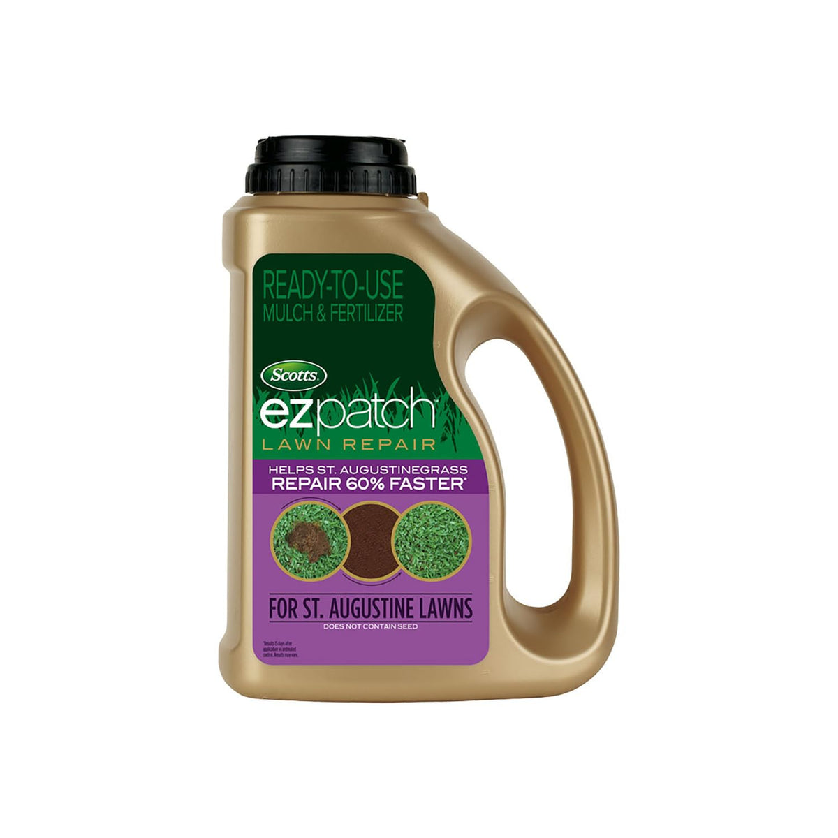 Scotts EZ Patch for St. Augustine repairs a bare spot with mulch and soil-friendly mix.