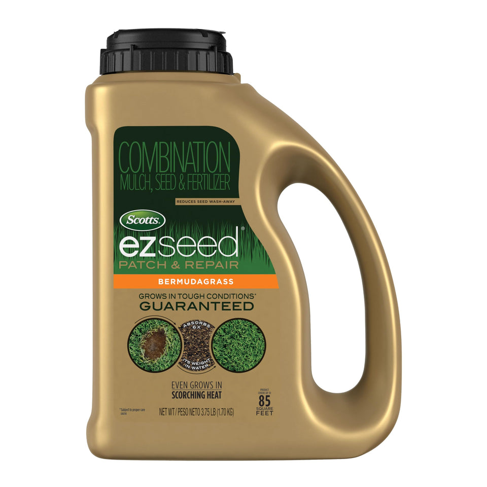 Scotts EZ Seed Patch & Repair Bermudagrass bag ready for repairing bare lawn spots.