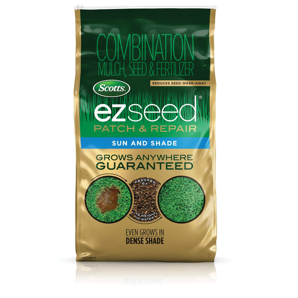 Scotts EZ Seed Patch & Repair bag shown for sun and shade bare spot repair.