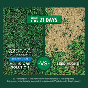 Scotts EZ Seed Patch Repair displays mulch and fertilizer aiding seed growth