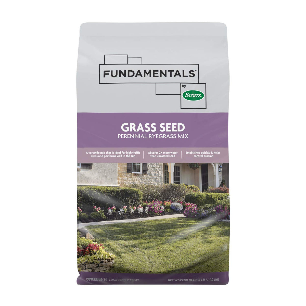 Scotts Fundamentals packaging shown for easy lawn upgrade in sun-exposed, high-traffic areas.
