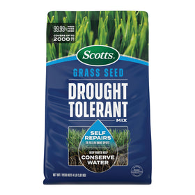 Scotts Grass Seed Drought Tolerant Mix package view shows a resilient lawn seed option.