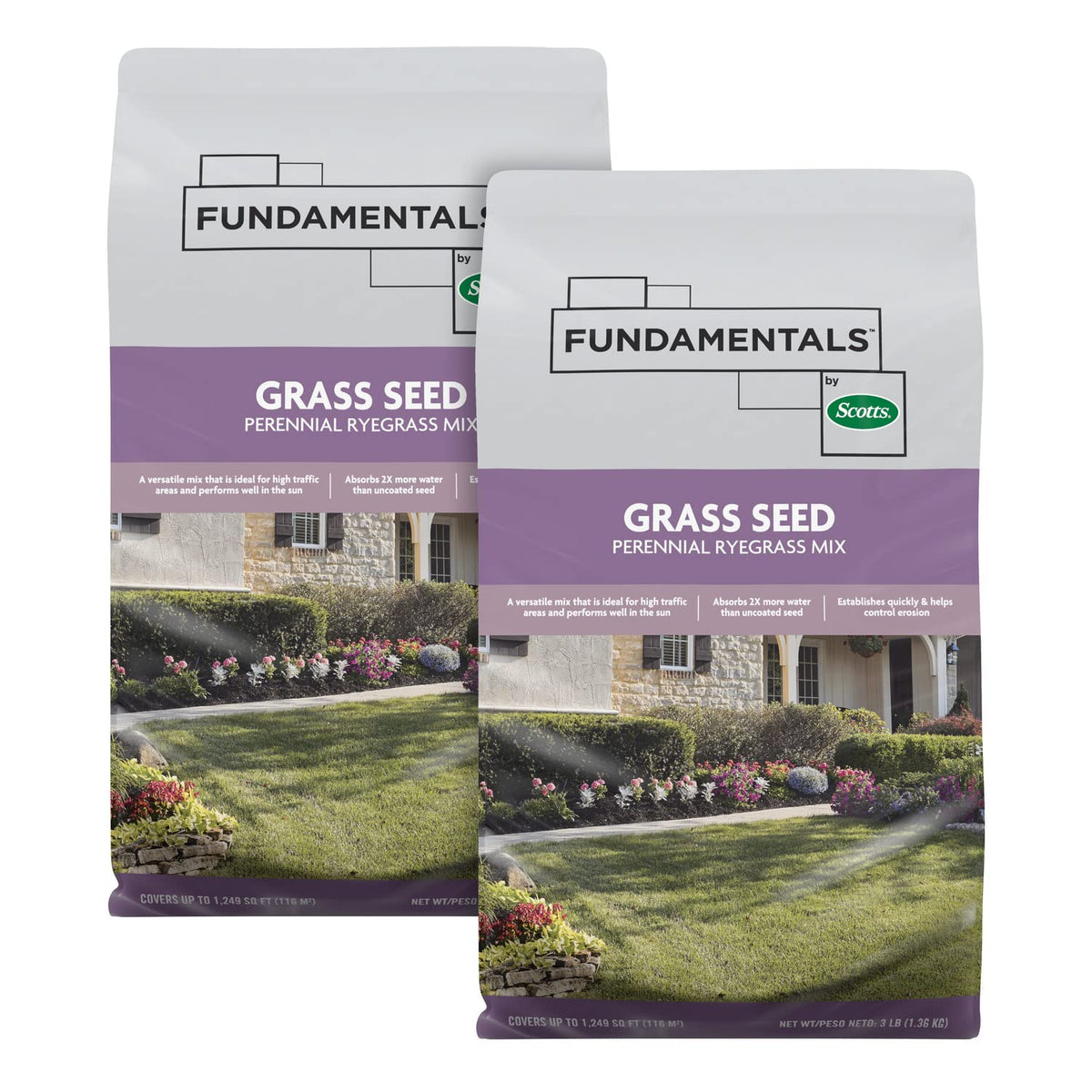 Scotts Fundamentals bag front demonstrates quick establishment for sunny lawns
