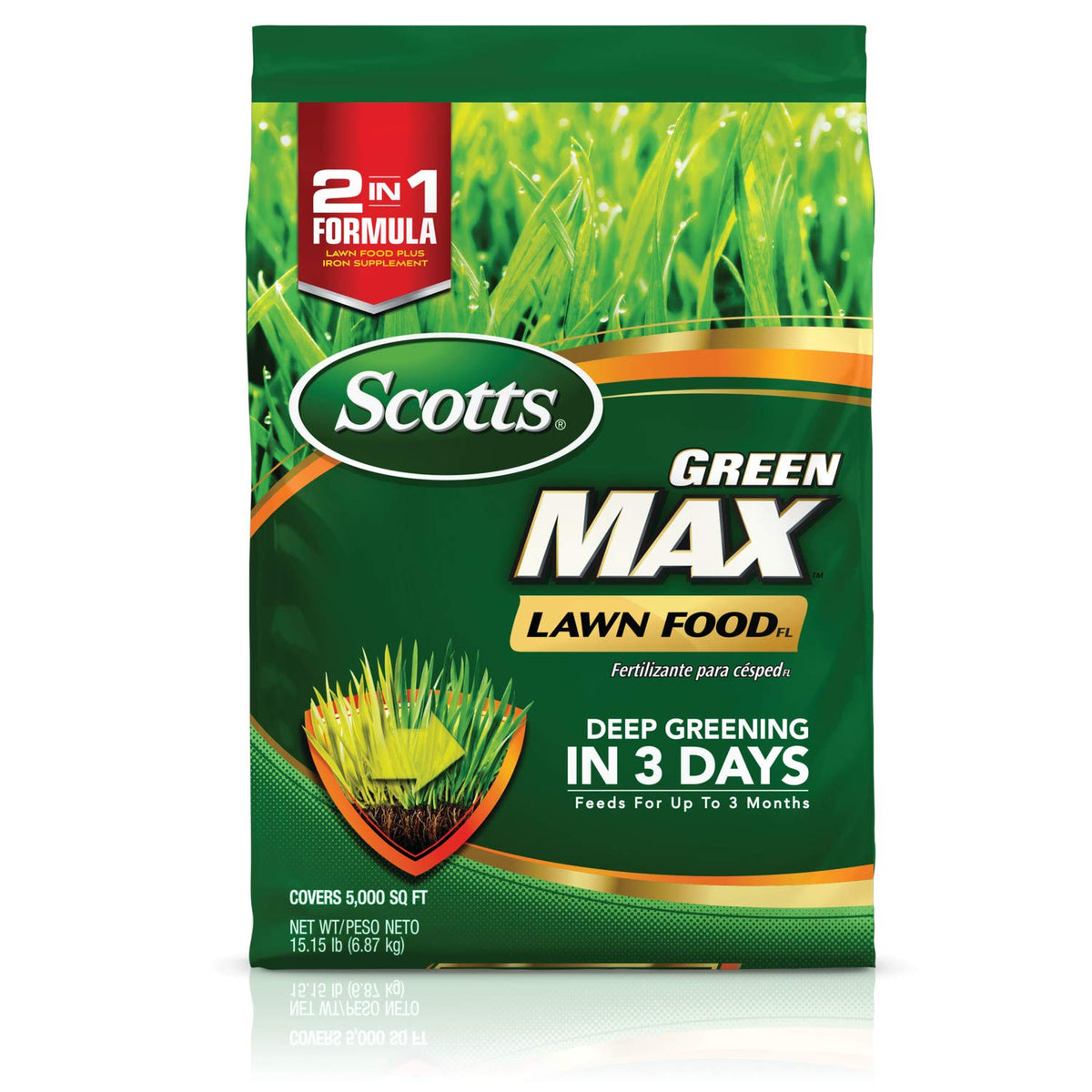 Scotts Green Max Lawn FoodFL bottle pouring to start iron-rich greening