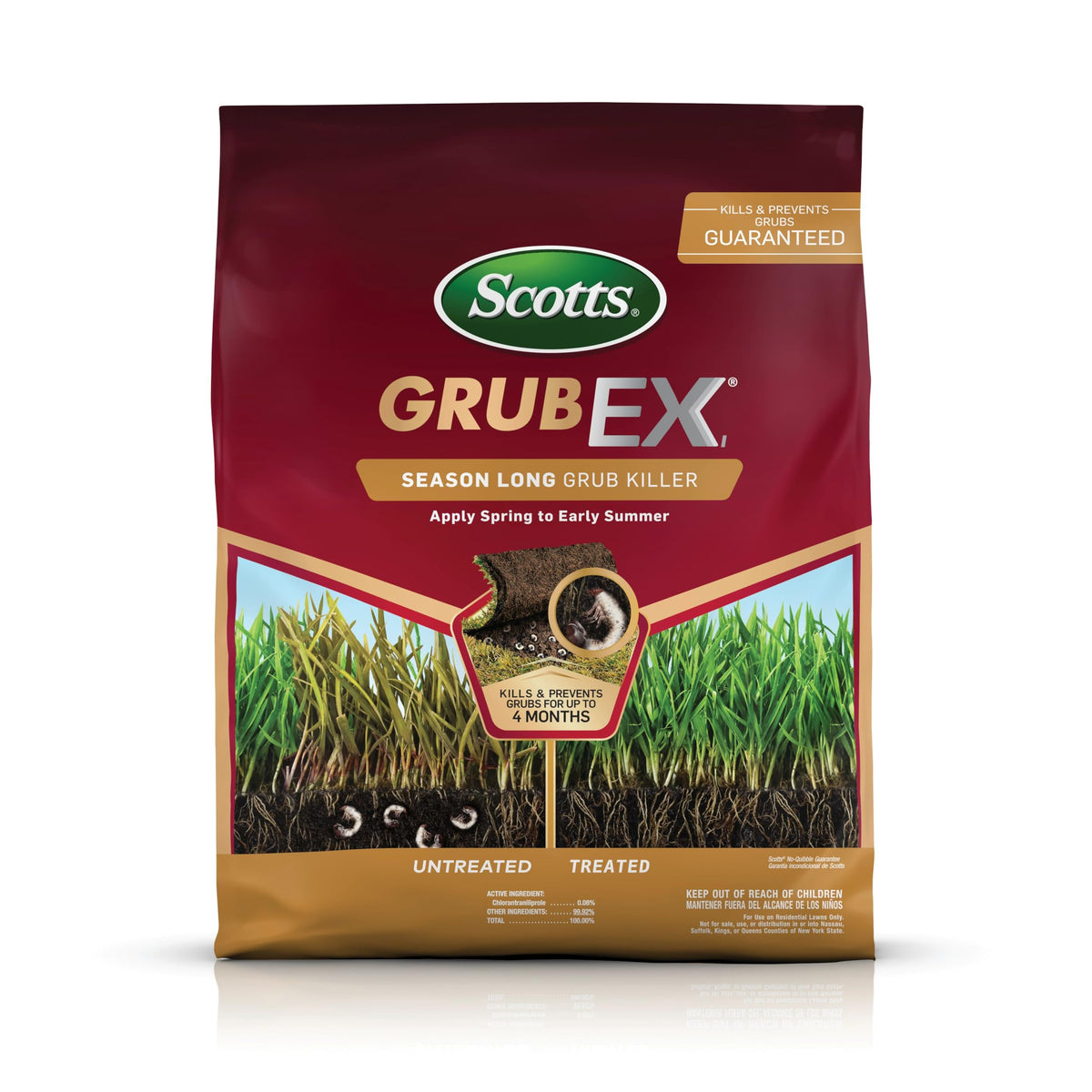 Scotts GrubEx1 bag shows 5,000 sq ft coverage for lawn protection.