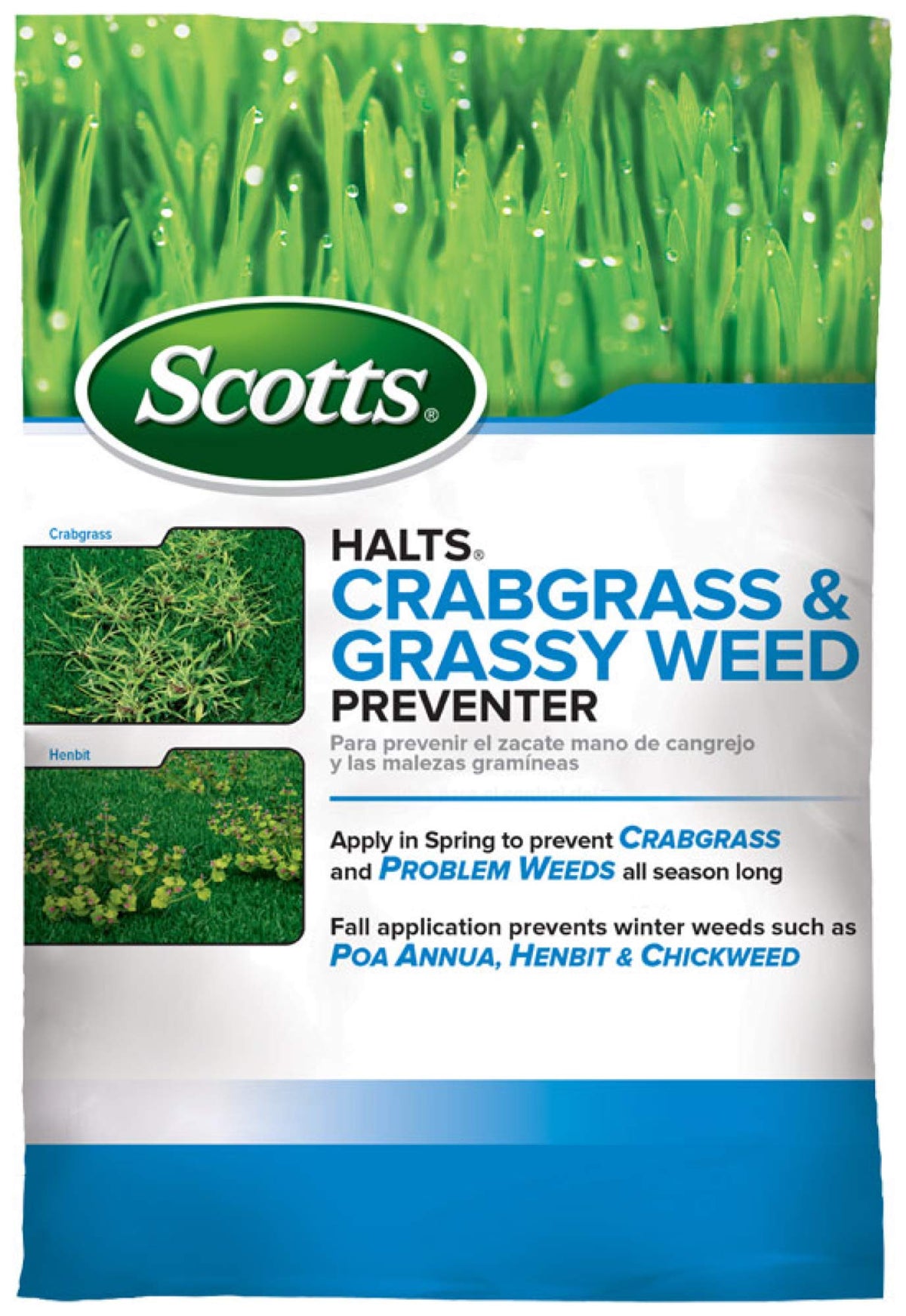 Scotts Halts bag front shows packaging for spring lawn weed prevention