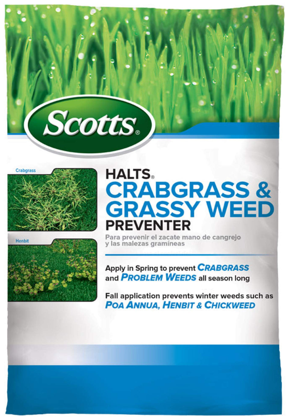 Scotts Halts bag front shows packaging for spring lawn weed prevention