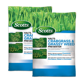 Scotts Halts Crabgrass Preventer bag front with clear label and coverage details