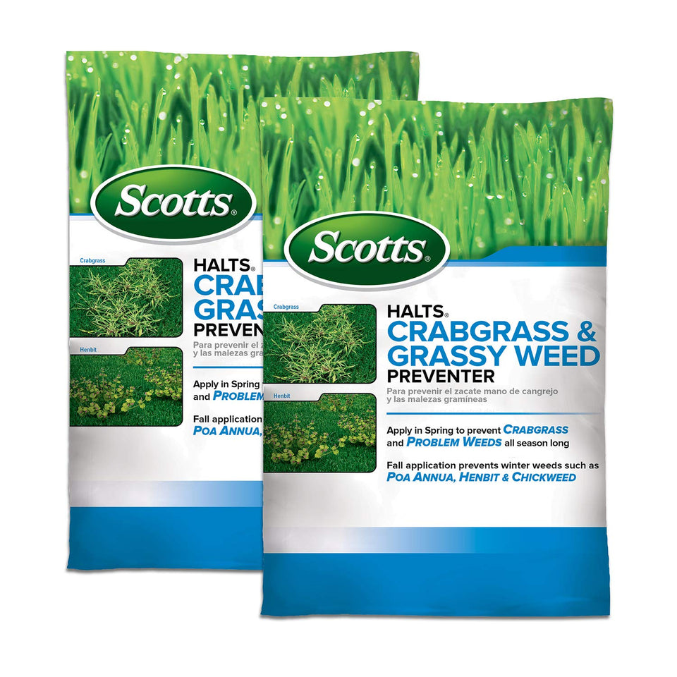 Scotts Halts Crabgrass Preventer bag front with clear label and coverage details