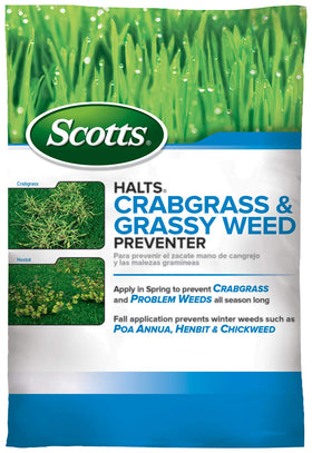 Scotts Halts crabgrass preventer bag on lawn for easy weed prevention