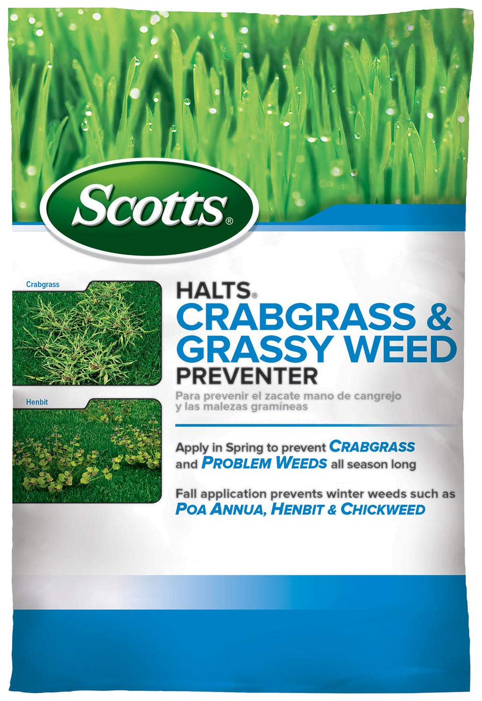 Scotts Halts crabgrass preventer bag on lawn for easy weed prevention
