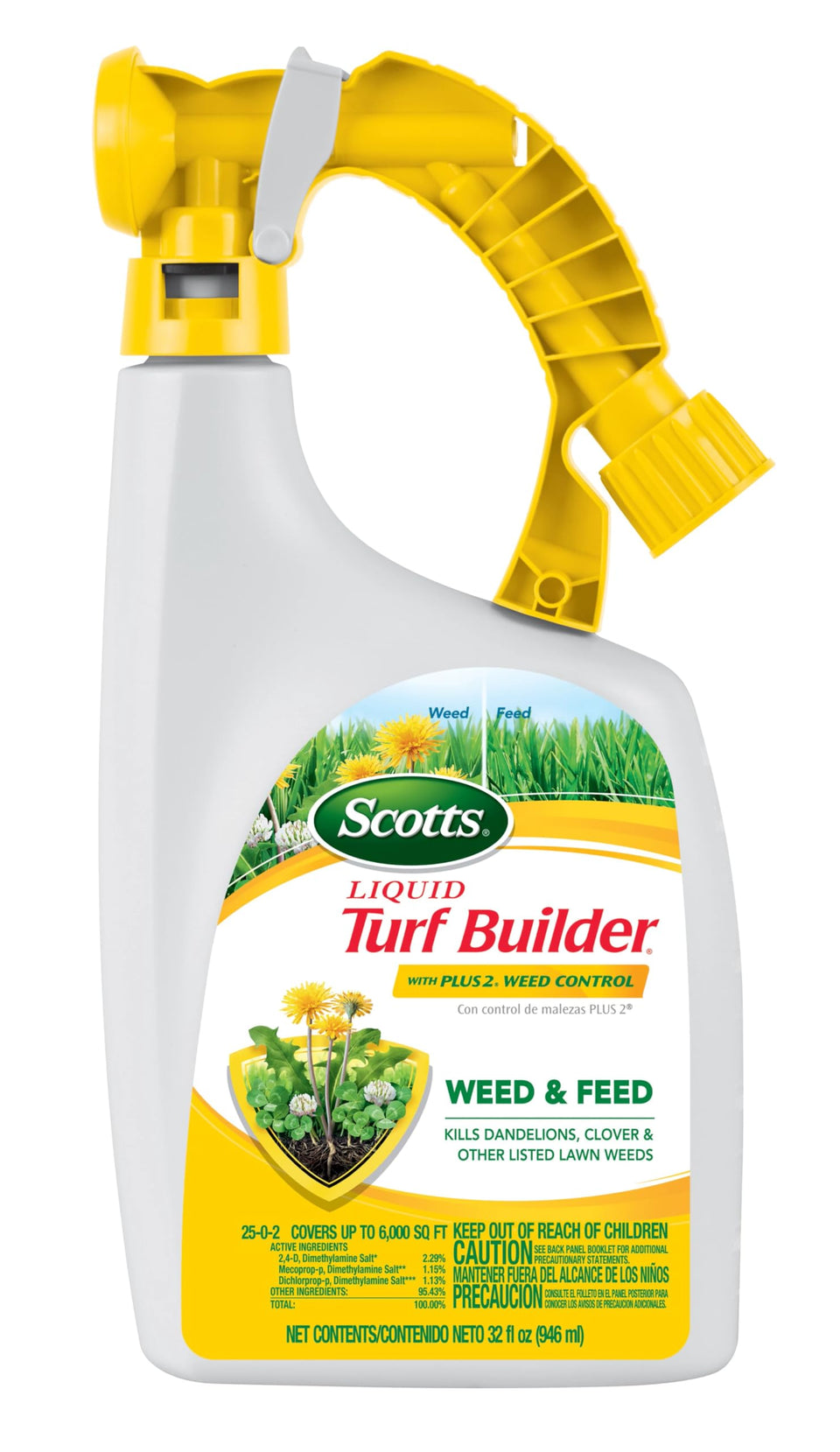 Scotts Liquid Turf Builder bottle with hose attachment for easy lawn feeding.