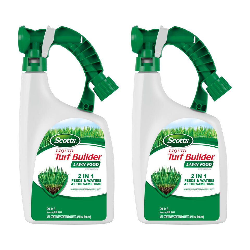 Scotts Liquid Turf Builder bottle pour for easy hose-end application.