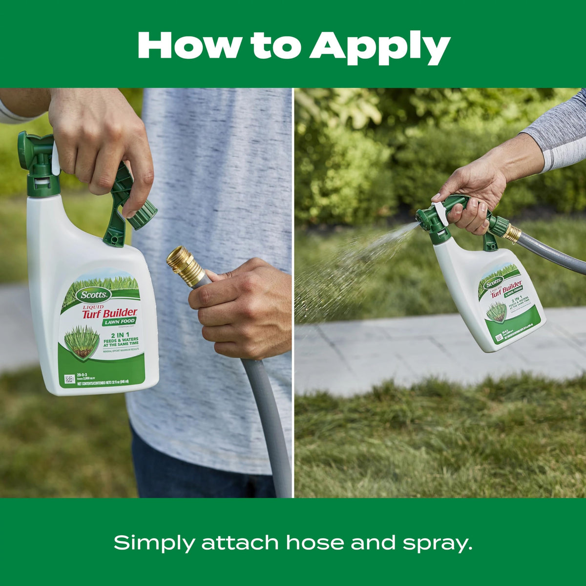 Scotts hose-connected spray demonstrates convenient feeding and watering in one step.