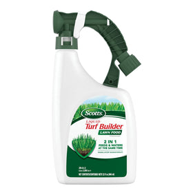 Scotts Liquid Turf Builder Lawn Food bottle attached to hose for easy lawn feeding.