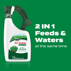 Close-up of Scotts Liquid Turf Builder Lawn Food label highlighting nutrients for greener growth.