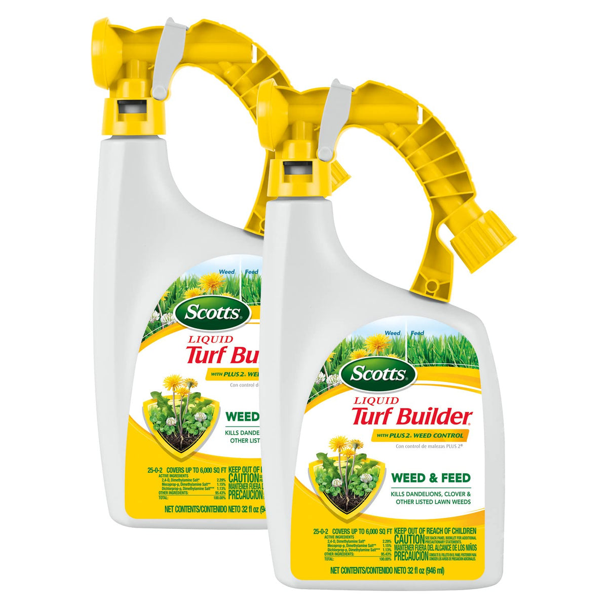 Scotts Liquid Turf Builder Plus 2 Weed Control bottle with hose-end sprayer for easy lawn care.