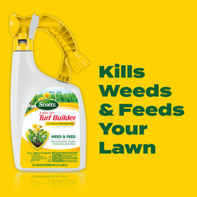 Scotts Liquid Turf Builder Plus 2 Weed Control action spray targets broadleaf weeds in lawns.