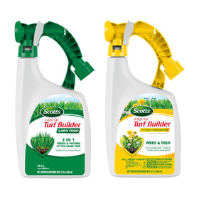 Scotts Liquid Turf Builder Plus2 weed-control bottle showing weed-killing action and lawn boost.