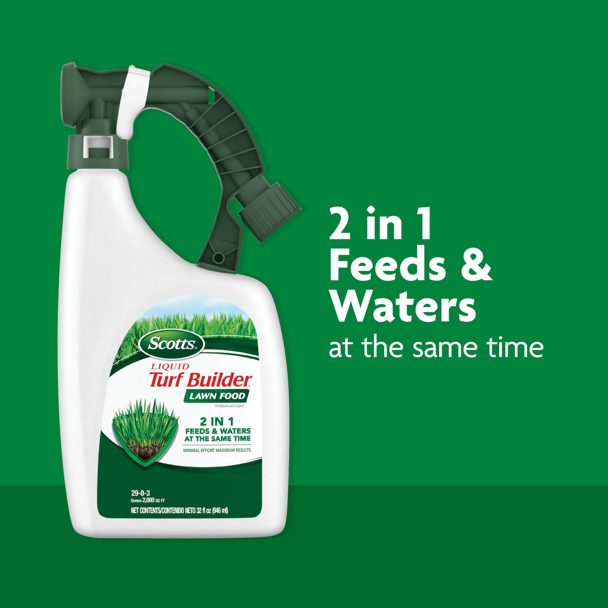 Scotts sprayer-ready bottle attached to hose for simple lawn care.