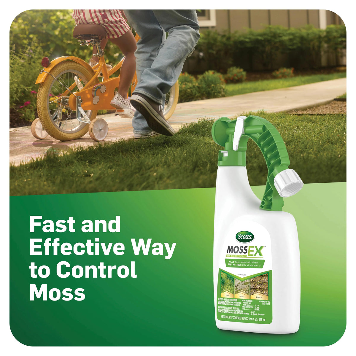 Scotts MossEx 3-in-1 spraying action on a mossy lawn