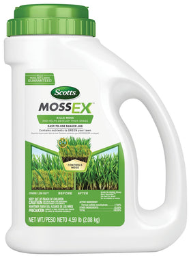 Scotts MossEx shaker jug ready for spot treatment on a lawn