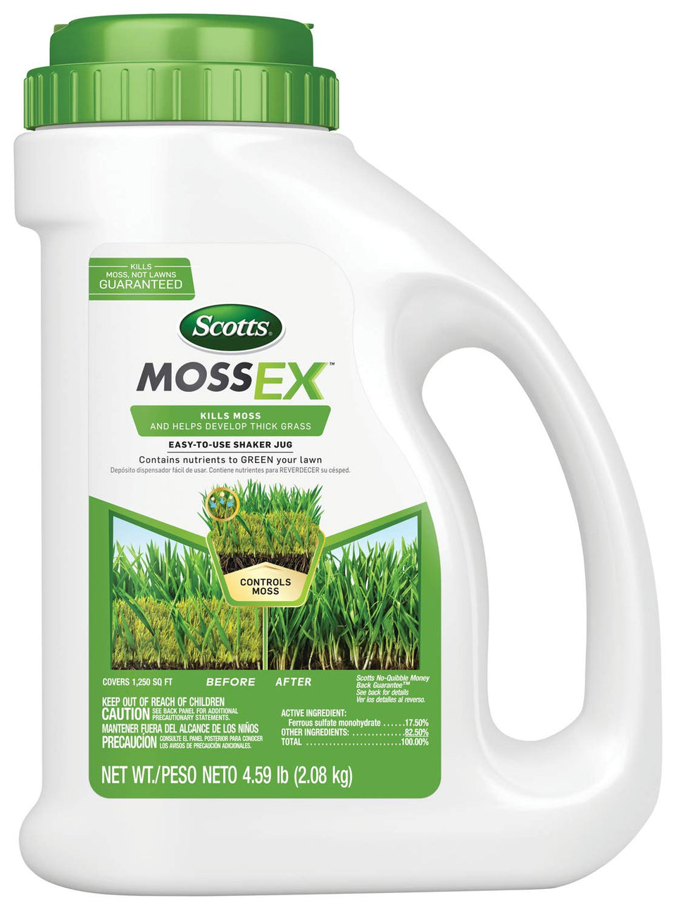 Scotts MossEx shaker jug ready for spot treatment on a lawn