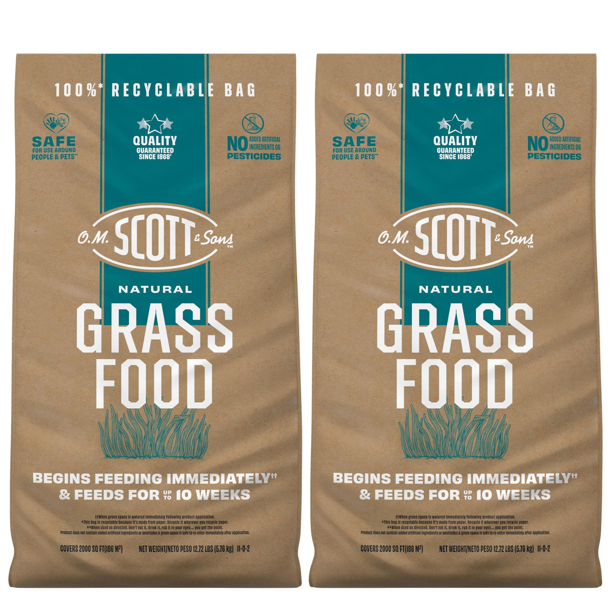 Scotts Natural Grass Food bag shown, supports even growth across lawns.