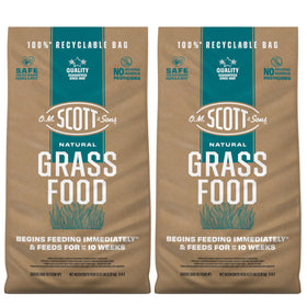 Scotts Natural Grass Food bag shown, supports even growth across lawns.