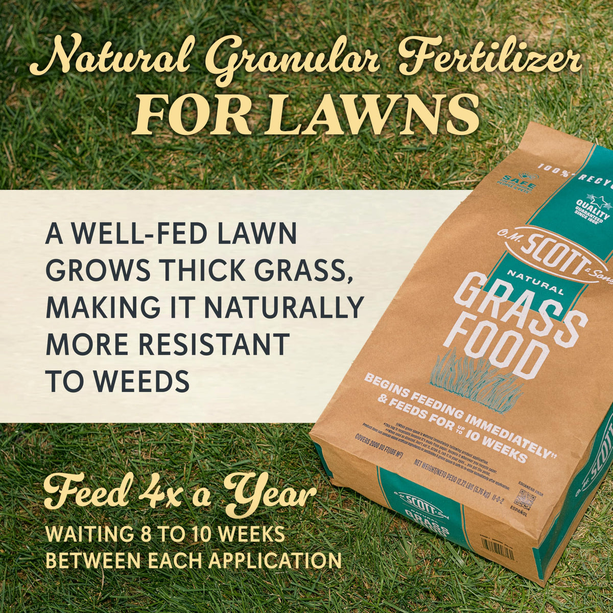 Scotts Natural Grass Food spreader applying even coverage across the lawn.